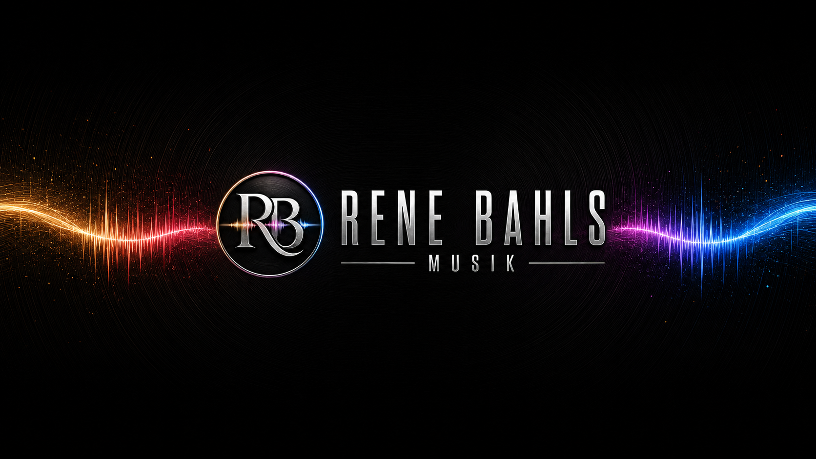 Rene Bahls Musik – metallisches RB-Logo mit farbiger Klangwelle